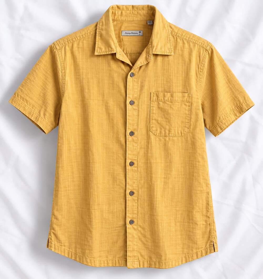 Tommy Bahama Silk Short Sleeve Camp Shirt Mens XL Yellow Button Front